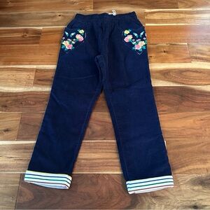 NWT Mini Boden college navy embroidered pull on cord pants. Size 6 yrs